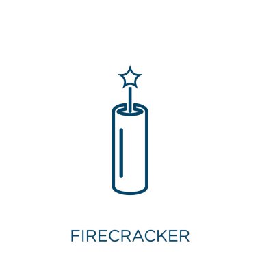 Havai fişek ikonu. Beyaz zemin üzerinde izole edilmiş ince doğrusal fişek taslak ikonu. Çizgi vektör fişeği işareti, ağ ve mobil sembolü