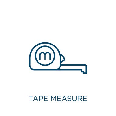 mezura simgesi. Beyaz arkaplanda izole edilmiş ince doğrusal mezura ana hatları simgesi. Çizgi vektör mezurası işareti, ağ ve mobil sembolü