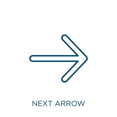Sonraki ok simgesi. Beyaz arkaplanda izole edilmiş ince doğrusal ok ana hatları simgesi. Sonraki ok işareti çizgi vektörü, ağ ve mobil sembolü