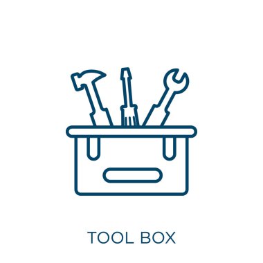 araç kutusu simgesi. Beyaz arkaplanda izole edilmiş ince doğrusal araç kutusu ana hatları simgesi. Satır vektör kutusu işareti, ağ ve mobil için sembol