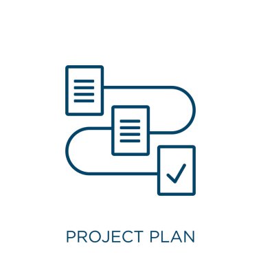 Proje planı simgesi. Beyaz arkaplanda izole edilmiş ince doğrusal proje planı ana hatları simgesi. Satır vektör proje planı işareti, ağ ve mobil sembolü