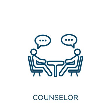 Danışman ikonu. İnce doğrusal danışman özet simgesi beyaz arkaplanda izole edildi. Çizgi vektör işareti, ağ ve mobil sembolü