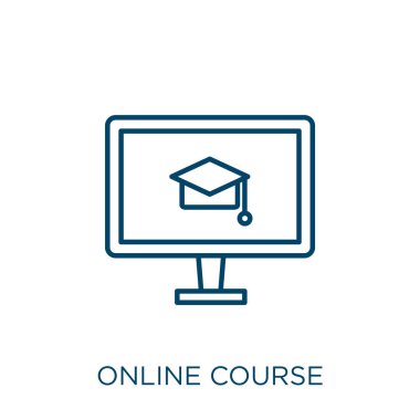 çevrimiçi ders simgesi. İnce doğrusal çevrimiçi kurs ana hatları simgesi beyaz arkaplanda izole edildi. Satır vektörü çevrimiçi ders işareti, ağ ve mobil sembolü