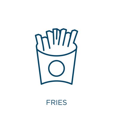 Kızartma ikonu. Beyaz arkaplanda izole edilmiş ince doğrusal patates kızartması ana hatları simgesi. Çizgi vektör kızartması işareti, ağ ve mobil sembolü