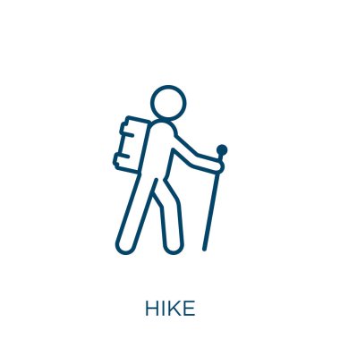 Kır simgesi. Beyaz arkaplanda izole edilmiş ince doğrusal yürüyüş ana hatları simgesi. Çizgi vektör yürüyüşü işareti, ağ ve mobil sembolü