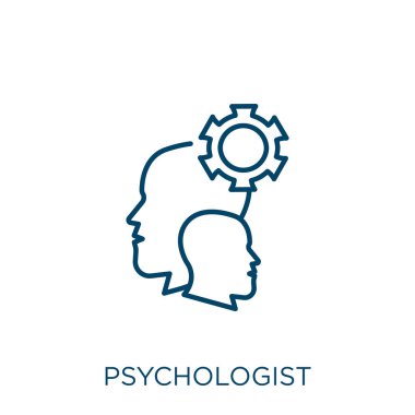 Psikolog ikonu. Beyaz arka planda izole edilmiş ince doğrusal psikolog taslak ikonu. Çizgi vektör psikolog işareti, ağ ve mobil sembolü