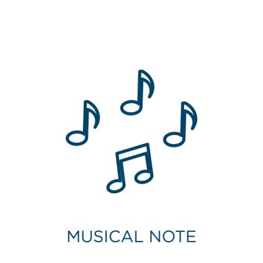 müzik nota simgesi. Beyaz arkaplanda izole edilmiş ince doğrusal nota ana hatları simgesi. Satır vektörü nota işareti, ağ ve mobil sembolü