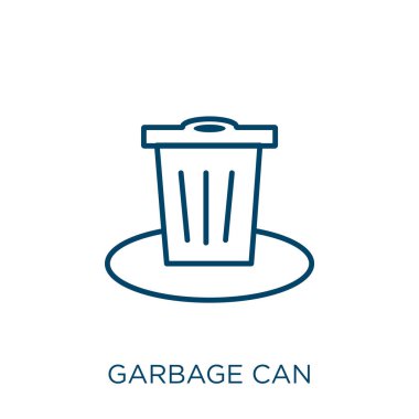 Çöp kutusu simgesi. Beyaz arkaplanda izole edilmiş ince doğrusal çöp kutusu ana hatları. Çizgi vektör çöp kutusu işareti, ağ ve mobil simgesi