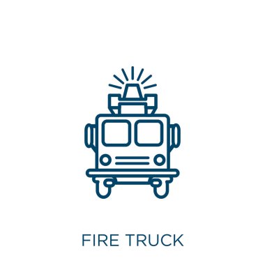 İtfaiye aracı ikonu. Beyaz zemin üzerinde izole edilmiş ince doğrusal itfaiye aracı taslak ikonu. Çizgi vektör itfaiye aracı işareti, ağ ve mobil sembolü