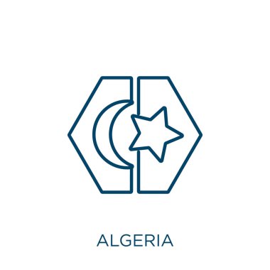 Cezayir ikonu. Beyaz arkaplanda izole edilmiş ince doğrusal Cezayir ana hatları simgesi. Çizgi vektör Cezayir işareti, ağ ve mobil sembolü