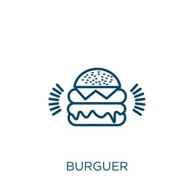 Burguer ikonu. Beyaz arkaplanda izole edilmiş ince doğrusal burgerin ana hatları simgesi. Çizgi vektör burgu işareti, ağ ve mobil sembolü