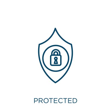 Koruma ikonu. Beyaz arkaplanda izole edilmiş ince doğrusal korumalı dış hat simgesi. Satır vektörü koruma işareti, ağ ve mobil sembolü