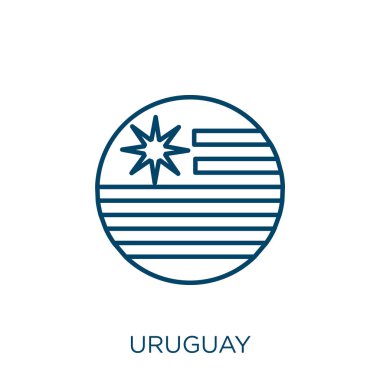 Uruguay simgesi. Beyaz arkaplanda izole edilmiş ince doğrusal uruguay ana hatları simgesi. Satır vektörü uruguay işareti, ağ ve mobil sembolü