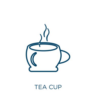 Çay fincanı ikonu. Beyaz arkaplanda izole edilmiş ince doğrusal çay fincanı taslak ikonu. Çizgi vektör fincanı işareti, ağ ve mobil sembolü