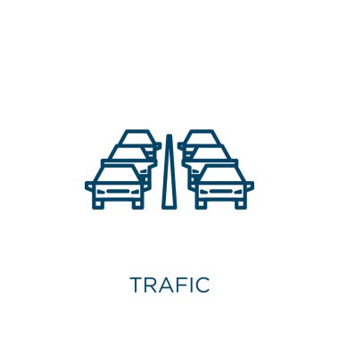 Trajik ikon. Beyaz arkaplanda izole edilmiş ince çizgisel ana hat simgesi. Çizgi vektör trafik işareti, ağ ve mobil sembolü