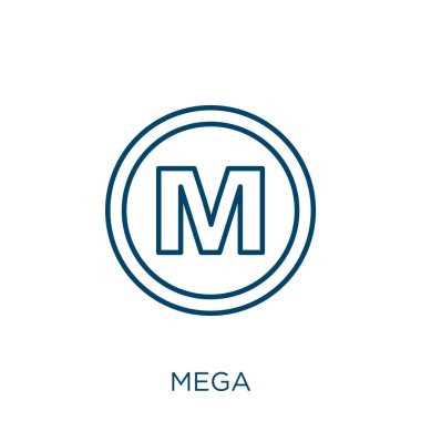 Mega ikon. Beyaz arkaplanda izole edilmiş ince doğrusal mega outline simgesi. Çizgi vektör mega işareti, ağ ve mobil sembolü