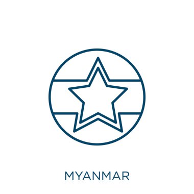 Myanmar ikonu. Beyaz arkaplanda izole edilmiş ince doğrusal miyanmar ana hatları simgesi. Çizgi vektörü miyanmar işareti, ağ ve mobil sembolü