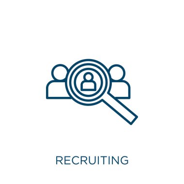 İkonun işe alınması. Beyaz arkaplanda izole edilmiş ince doğrusal askere alma ana hatları simgesi. Satır vektör işe alma işareti, ağ ve mobil sembolü