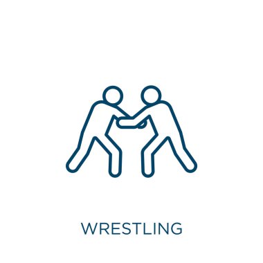 Güreş ikonu. Beyaz arka planda izole edilmiş ince doğrusal güreş ana hatları simgesi. Çizgi vektör güreş işareti, ağ ve mobil sembolü