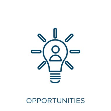 Fırsatlar simgesi. İnce doğrusal fırsatlar beyaz arkaplanda izole edilmiş bir simge çizer. Satır vektör fırsatları işareti, ağ ve mobil sembolü