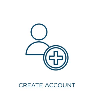 Hesap simgesi oluştur. Beyaz arkaplanda izole edilmiş ince doğrusal hesap ana hatları simgesi oluştur. Satır vektörü oluşturma hesabı işareti, ağ ve mobil için sembol