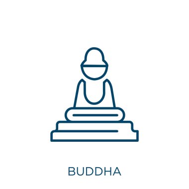 Buda ikonu. İnce doğrusal Buddha ana hatları simgesi beyaz arkaplanda izole edildi. Hat vektörü Buddha işareti, web ve mobil simgesi
