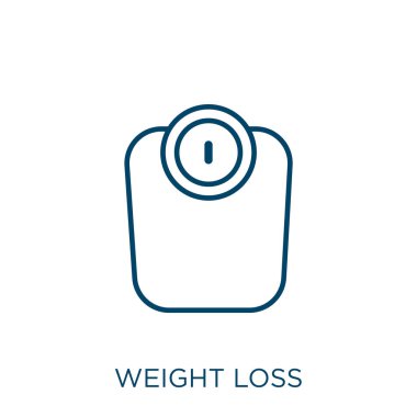 kilo verme ikonu. Beyaz arkaplanda izole edilmiş ince doğrusal ağırlık kaybı ana hatları simgesi. Çizgi vektör ağırlık kaybı işareti, ağ ve mobil sembolü