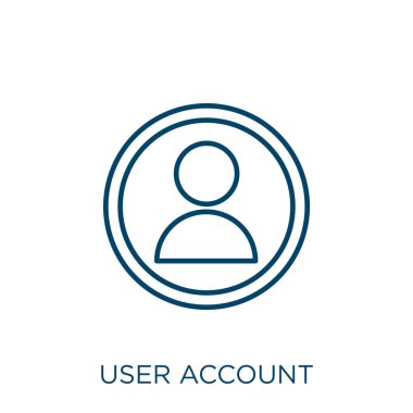 kullanıcı hesabı simgesi. Beyaz arkaplanda izole edilmiş ince doğrusal kullanıcı hesabı ana hatları simgesi. Satır vektörü kullanıcı hesabı işareti, ağ ve mobil için sembol