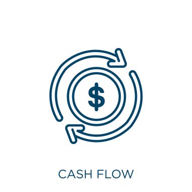 Nakit akışı simgesi. Beyaz arkaplanda izole edilmiş ince doğrusal nakit akışı ana hatları simgesi. Satır vektörü para akışı işareti, ağ ve mobil sembolü