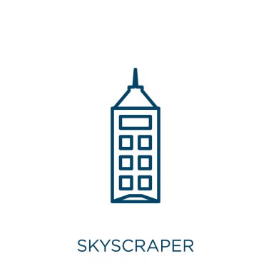 Gökdelen simgesi. Beyaz arkaplanda izole edilmiş ince doğrusal gökdelen ana hatları simgesi. Çizgi vektör gökdelen işareti, ağ ve mobil sembolü