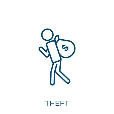 Hırsızlık ikonu. Beyaz arka planda izole edilmiş ince doğrusal hırsızlık ana hatları simgesi. Çizgi vektör hırsızlığı işareti, ağ ve mobil sembolü