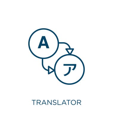 Çevirmen simgesi. Beyaz arkaplanda izole edilmiş ince doğrusal çevirmen ana hatları simgesi. Satır vektör çeviri işareti, ağ ve mobil sembolü