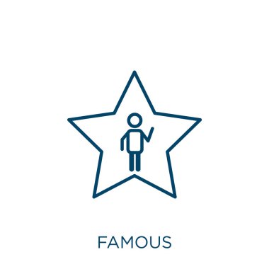 Ünlü bir ikon. Beyaz arkaplanda izole edilmiş ince doğrusal ünlü taslak simgesi. Satır vektörü ünlü işareti, ağ ve mobil sembolü