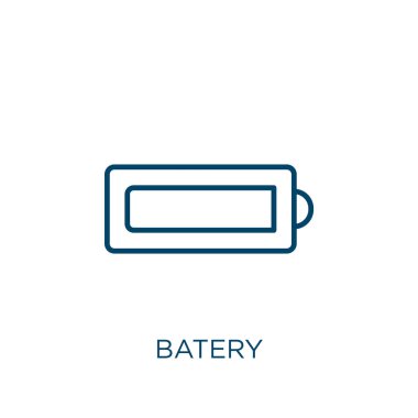 bateri simgesi. Beyaz arkaplanda izole edilmiş ince doğrusal bateri ana hatları simgesi. Çizgi vektör bateri işareti, ağ ve mobil sembolü