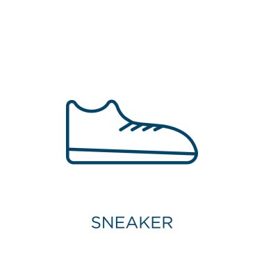 Spor ayakkabı ikonu. Beyaz zemin üzerinde izole edilmiş ince doğrusal spor ayakkabı taslak ikonu. Çizgi vektör spor ayakkabı işareti, ağ ve mobil sembolü