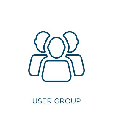 kullanıcı grubu simgesi. Beyaz arkaplanda izole edilmiş ince doğrusal kullanıcı grubu ana hatları simgesi. Satır vektör grubu işareti, ağ ve mobil için sembol