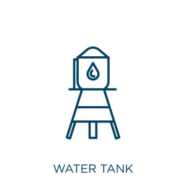 Su tankı ikonu. Beyaz zemin üzerinde izole edilmiş ince doğrusal su tankı ana hatları simgesi. Çizgi vektör su tankı işareti, ağ ve mobil sembolü