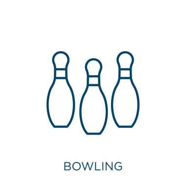 Bowling ikonu. Beyaz arkaplanda izole edilmiş ince çizgisel bowling taslak simgesi. Çizgi vektör bovling işareti, ağ ve mobil sembolü