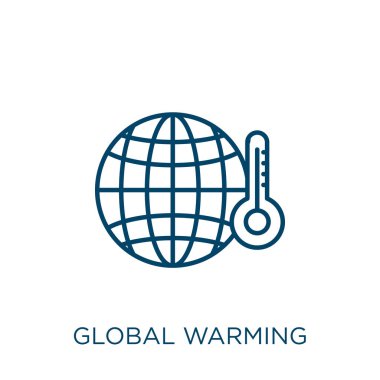 Küresel ısınma ikonu. Beyaz zemin üzerinde izole edilmiş ince doğrusal küresel ısınma ana hatları ikonu. Satır vektörü küresel ısınma işareti, ağ ve mobil sembolü