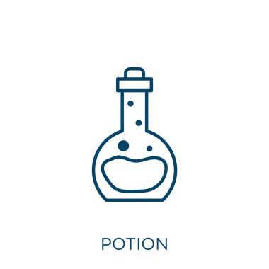 İksir ikonu. Beyaz arkaplanda izole edilmiş ince doğrusal iksir ana hatları simgesi. Çizgi vektör iksir işareti, ağ ve mobil sembolü