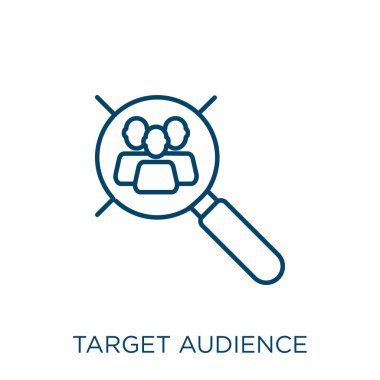 hedef kitle simgesi. Beyaz arkaplanda izole edilmiş ince doğrusal hedef kitle ana hatları simgesi. Satır vektörü hedef kitle işareti, ağ ve mobil için sembol