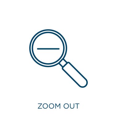 ikonu büyüt. Beyaz arkaplanda izole edilmiş ince çizgisel yakınlaştır. Satır vektör uzaklaşma işareti, ağ ve mobil sembolü