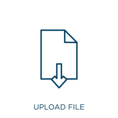 Dosya simgesi yükle. Beyaz arkaplanda izole edilmiş ince doğrusal dosya ana hatları simgesi yükle. Satır vektörü dosya yükleme işareti, ağ ve mobil sembolü