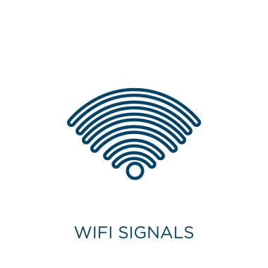Wi-Fi sinyalleri simgesi. Beyaz arkaplanda izole edilmiş ince doğrusal wifi sinyalleri ana hatları simgesi. Hat vektörü wifi sinyalleri işareti, ağ ve mobil sembolü