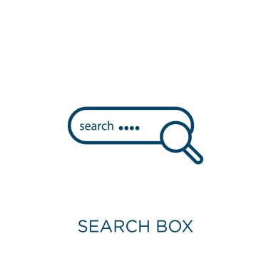 Arama kutusu simgesi. Beyaz arkaplanda izole edilmiş ince doğrusal arama kutusu ana hatları simgesi. Satır vektör kutusu işareti, ağ ve mobil sembolü