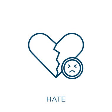 İkondan nefret ediyorum. Beyaz arkaplanda izole edilmiş ince doğrusal nefret ana hatları simgesi. Çizgi vektör nefret işareti, ağ ve mobil sembolü