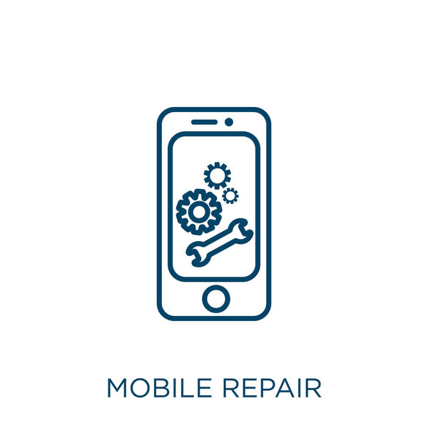 значок ремонта мобильных устройств. Тонкий линейный мобильный значок ремонта, выделенный на белом фоне. Линейка векторного мобильного ремонтного знака, символ для веб и мобильных устройств