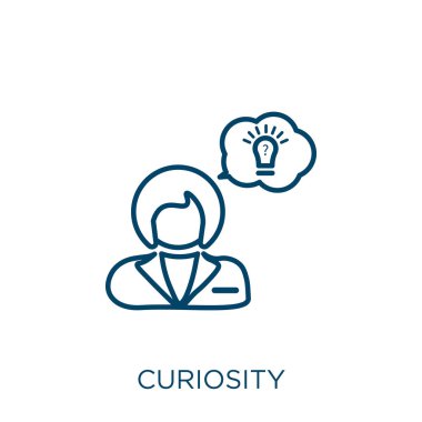 Merak simgesi. Beyaz arkaplanda izole edilmiş ince doğrusal merak ana hatları simgesi. Çizgi vektör merak işareti, ağ ve mobil sembolü