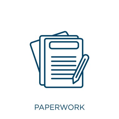 Evrak ikonu. Beyaz arka planda izole edilmiş ince çizgisel taslak simgesi. Satır vektör belgesi işareti, ağ ve mobil sembolü