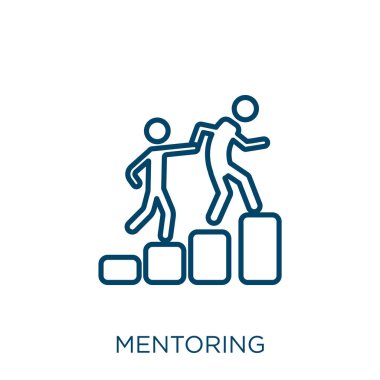 Akıl hocalığı ikonu. Beyaz arkaplanda izole edilmiş ince doğrusal kılavuz taslak simgesi. Satır vektör danışmanlık işareti, ağ ve mobil sembolü